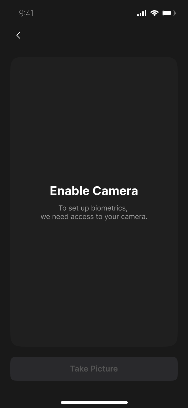 Original Enable Camera screen explaining camera access for biometrics.