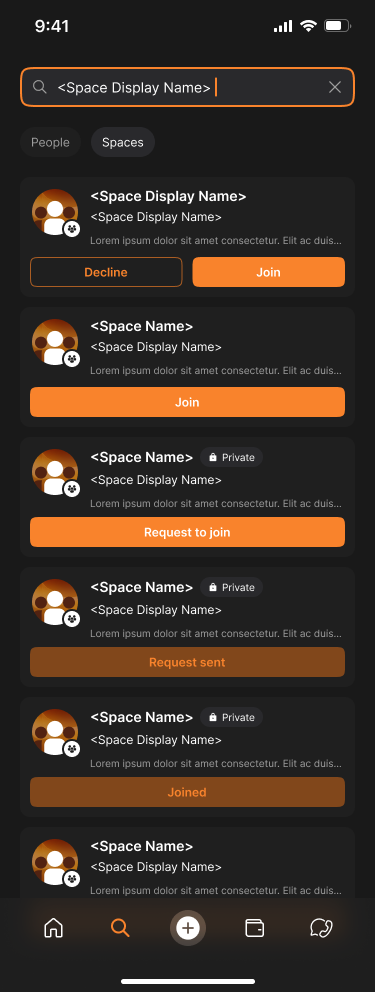 Space search results showing Join, Request to join, Request sent, and Joined states.