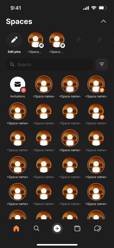 Expanded Spaces view with pins, invitations, search, and community tiles.