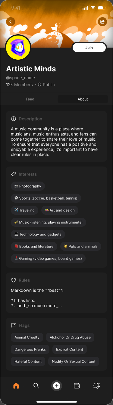 Public Artistic Minds Space with Join action, About information, interests, rules, and content flags.