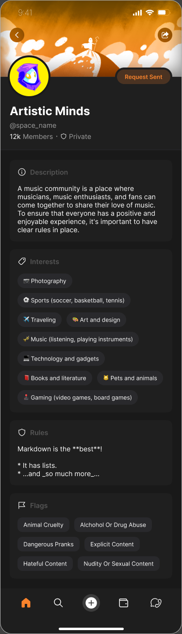 Private Space with Request Sent status replacing Request to Join.