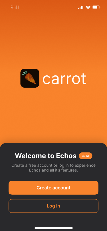 Original Carrot guest welcome screen showing create account and login actions.