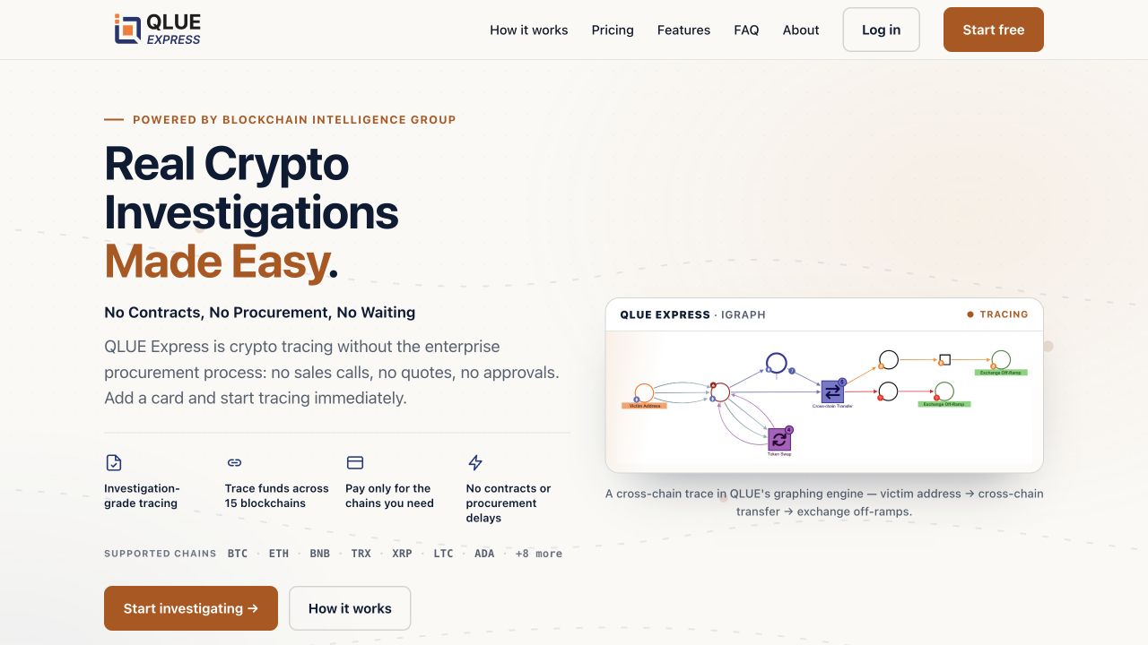 Current QLUE Express landing page linking investigation messaging to a tracing illustration.