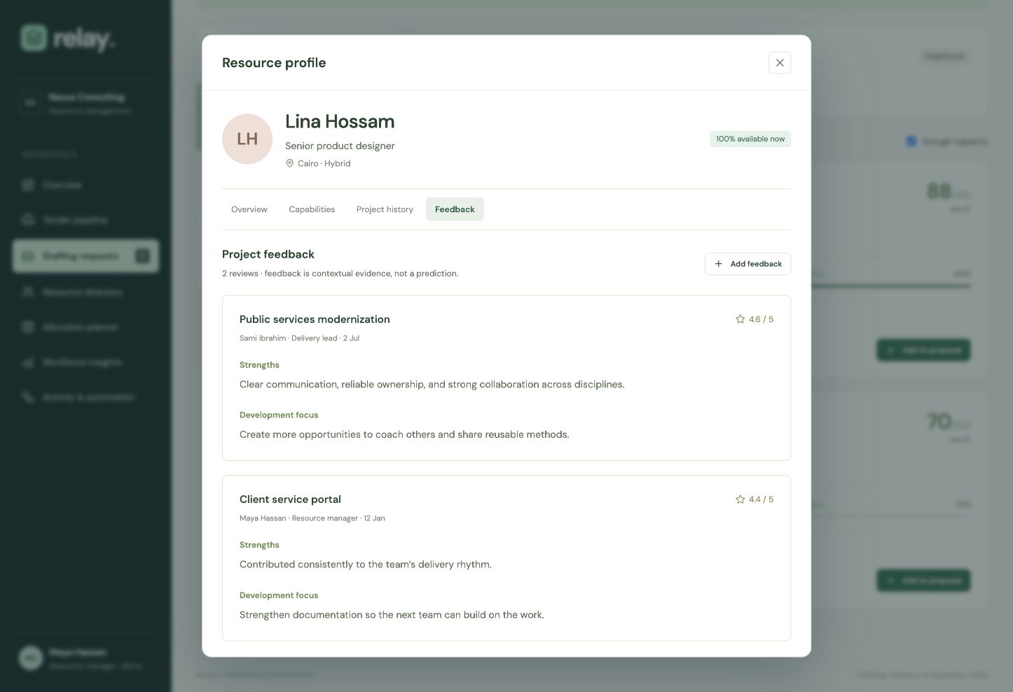 Project feedback — strengths and development areas retain their project, reviewer and date.