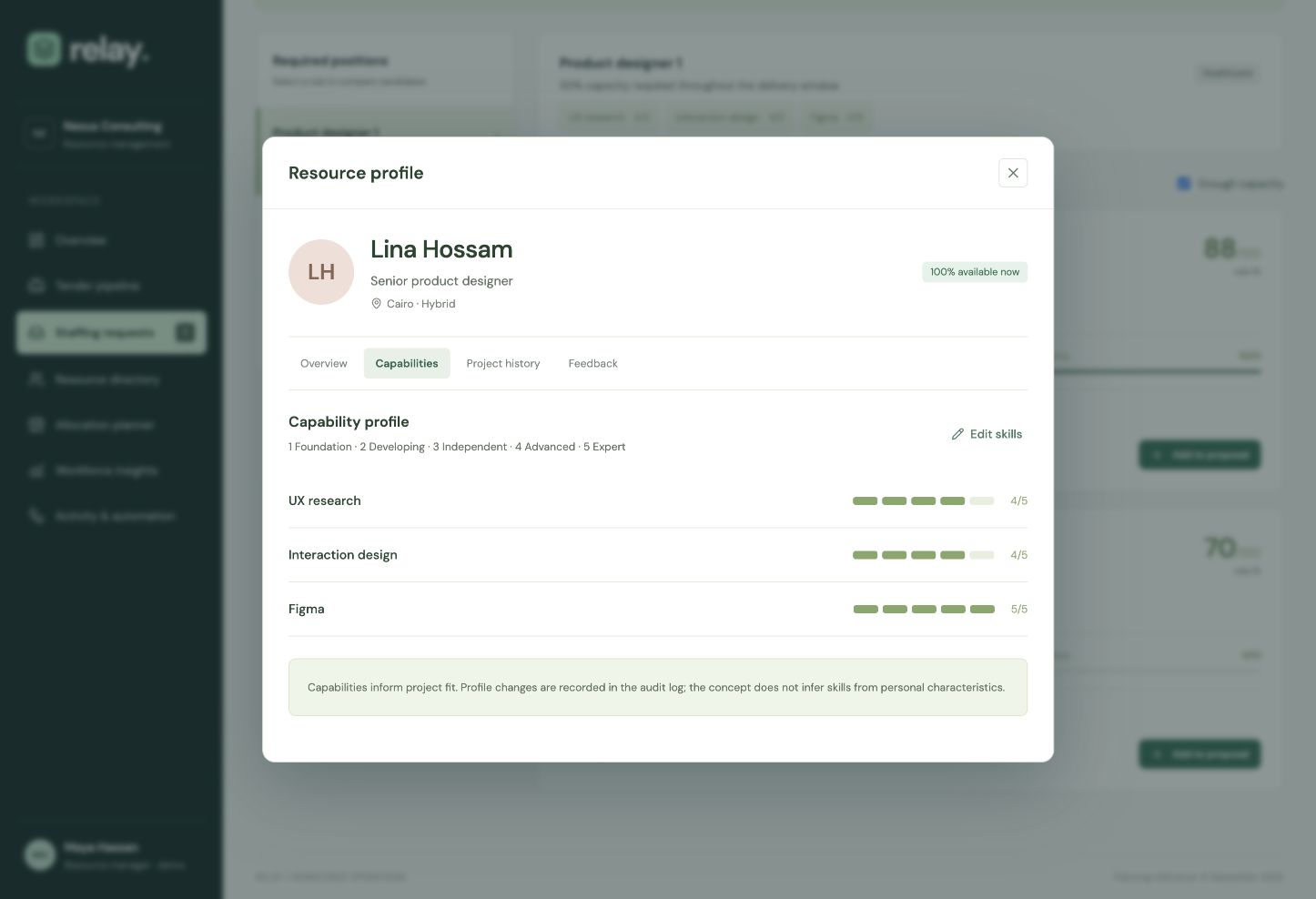 Resource profile — inspect capability and delivery context before making a staffing decision.