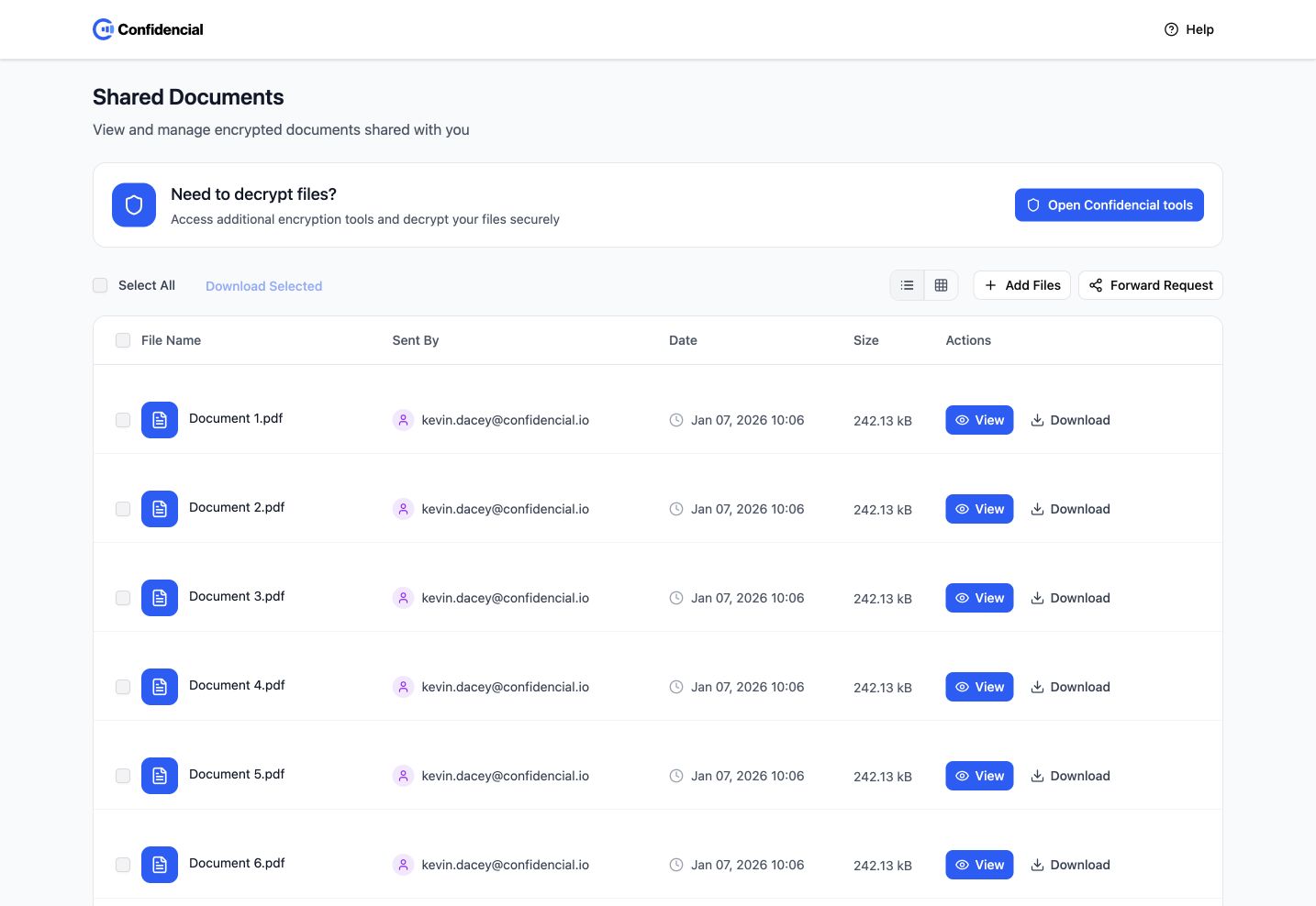 Original Confidencial shared document list with metadata and per-file actions.