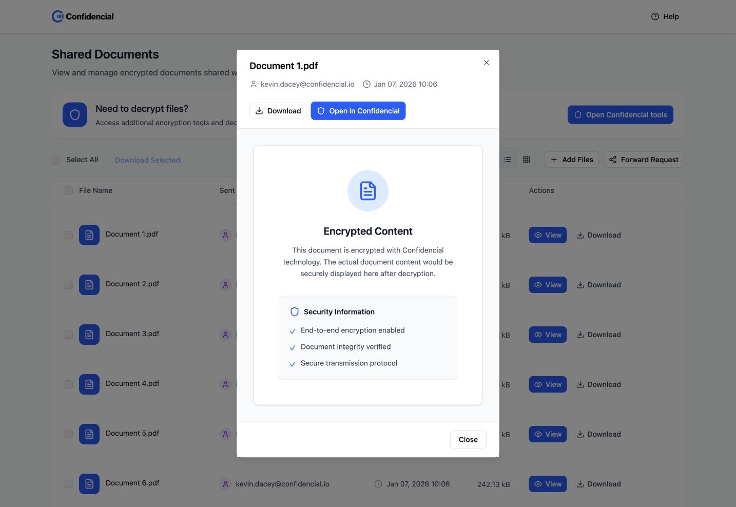 Original encrypted document preview dialog with metadata, download, open in Confidencial and close actions.