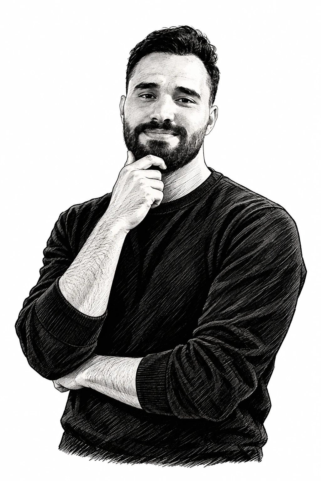 Illustrated portrait of Mostafa smiling with his hand on his chin